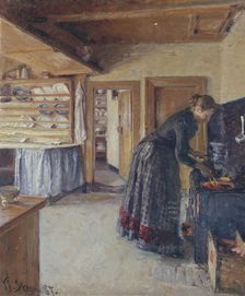 Kitchen, with the artist's Wife, 1887. Creator: Viggo Johansen