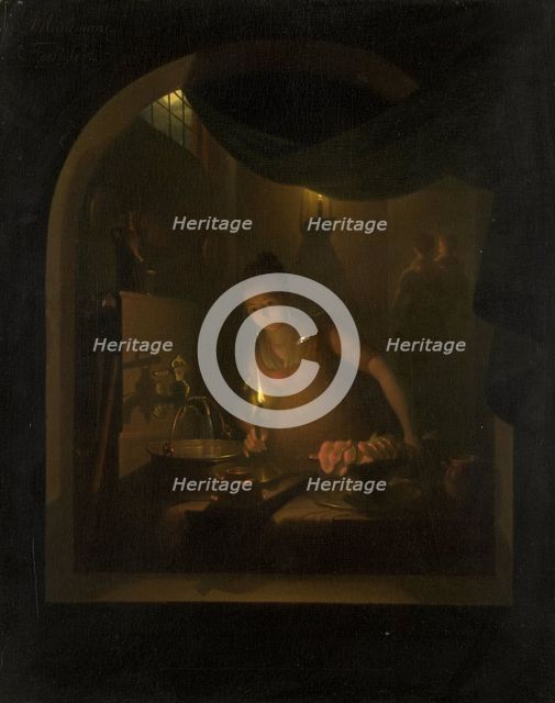 Kitchen by Lamplight, 1817. Creator: Adriaan Meulemans.