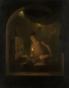 Kitchen by Lamplight, 1817. Creator: Adriaan Meulemans