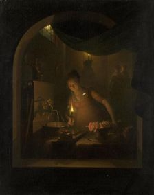 Kitchen by Lamplight, 1817. Creator: Adriaan Meulemans