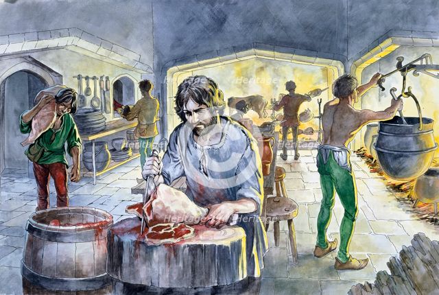 Kitchen in the Middle Ages, c14th century, (c1990-2010) Artist: Philip Corke.