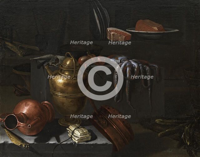 Kitchen interior with copper dishes, octopus and onions on a stone ledge, 1670s. Creator: Recco, Giuseppe (1634-1695).