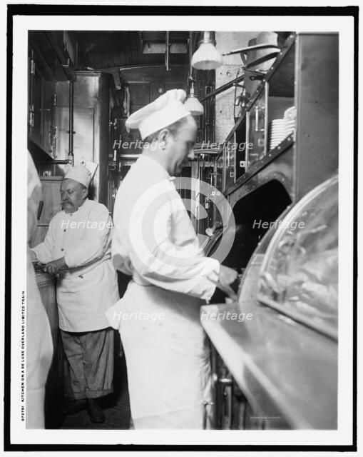Kitchen on a deluxe overland limited train, between 1910 and 1920. Creator: Unknown.