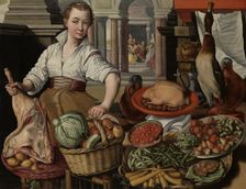 Kitchen Scene, with Jesus in the House of Martha and Mary in the background, 1569. Creator: Unknown