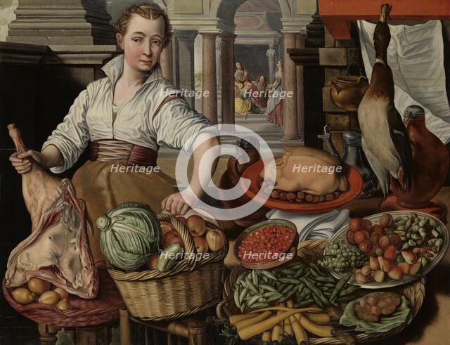 Kitchen Scene, with Jesus in the House of Martha and Mary in the background, 1569. Creator: Unknown.