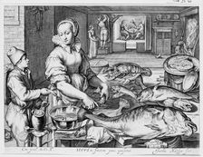 Kitchen Scene with Kitchen Maid Preparing Fish, Christ at Emmaus in the Background, fr..., ca. 1603. Creator: Jacob Matham