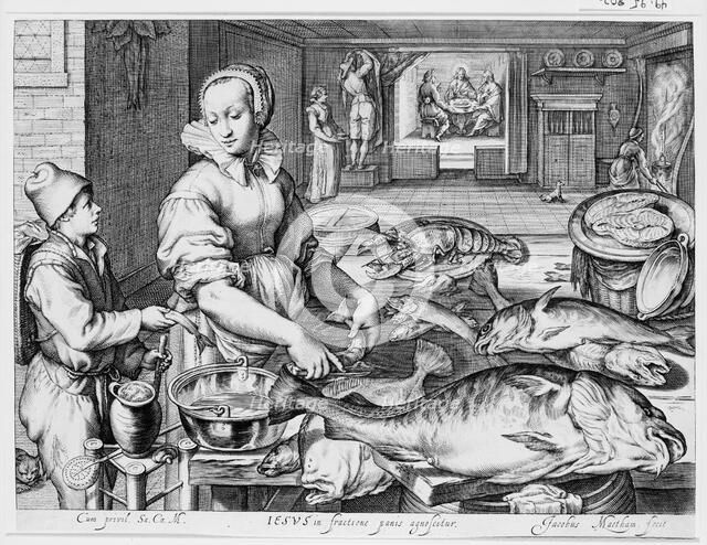 Kitchen Scene with Kitchen Maid Preparing Fish, Christ at Emmaus in the Background, fr..., ca. 1603. Creator: Jacob Matham.