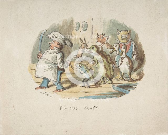 Kitchen Staff (recto); Mountainous Landscape with Hiker (verso), 1837-64. Creator: John Leech.