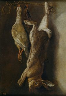 Kitchen still life with a hare and two partridges, c1785. Creator: Mariano Nani