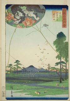 Kites of Fukuroi and Distant View of Akiba in Totomi Province (Enshu Akiba enkei Fukuroi t..., 1859. Creator: Utagawa Hiroshige II