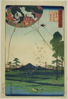 Kites of Fukuroi and Distant View of Akiba in Totomi Province (Enshu Akiba enkei Fukuroi t..., 1859. Creator: Utagawa Hiroshige II