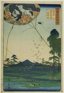 Kites of Fukuroi and Distant View of Akiba in Totomi Province (Enshu Akiba enkei Fukuroi t..., 1859. Creator: Utagawa Hiroshige II