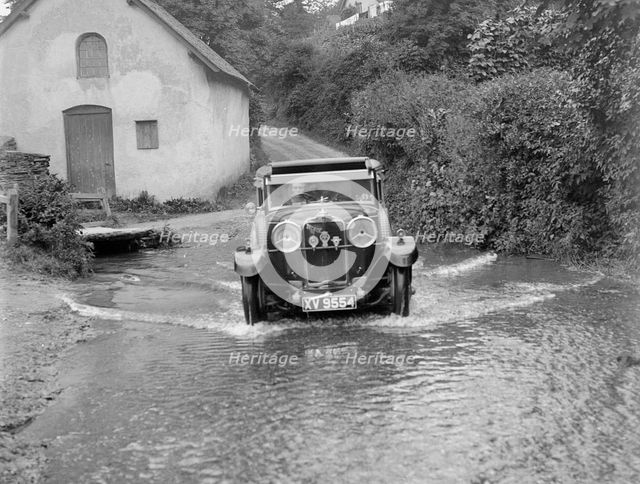 Kitty Brunell fording the River Exe in a Talbot 14/45 sportsman's coupe, Winsfors, Somerset, c1930s. Artist: Bill Brunell.