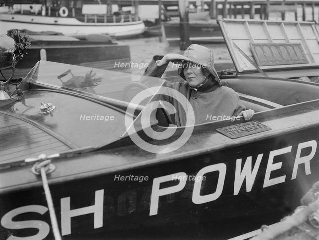 Kitty Brunell in a British Power Boat Company launch, Hythe, Hampshire, 1927. Artist: Bill Brunell.