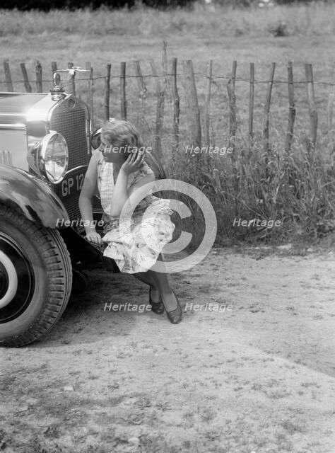 Kitty Brunell road testing a 1931 Delage D8. Artist: Bill Brunell.