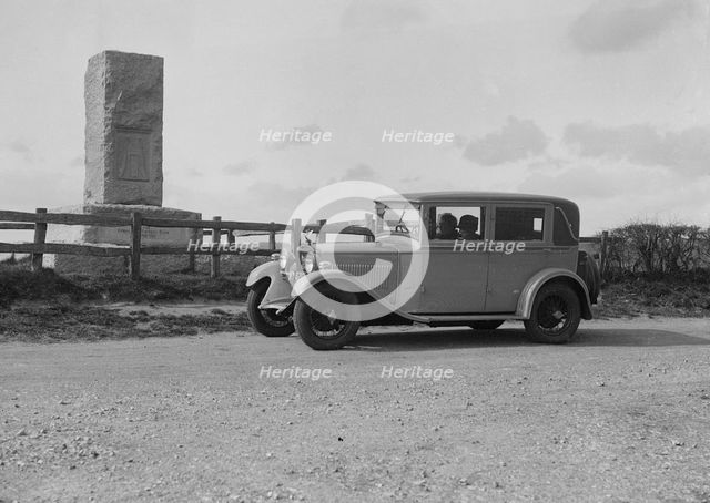 Kitty Brunell's Bianchi saloon beside the Cricket Monument, Hambledon, Hampshire, 1930s Artist: Bill Brunell.