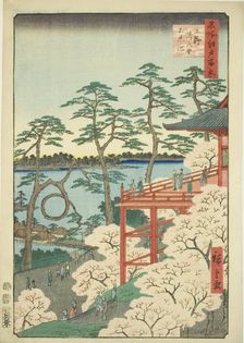 Kiyomizu Hall and Shinobazu Pond at Ueno (Ueno Kiyomizudo Shinobazu no ike), from the seri..., 1856. Creator: Ando Hiroshige