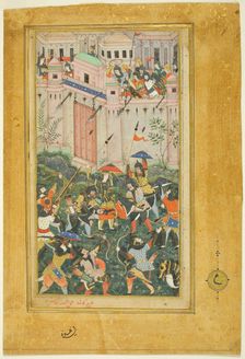 Kichik Beg Wounded during Babur's Attack on Qalat, from a copy of the Baburnama..., c. 1590. Creator: Kanha