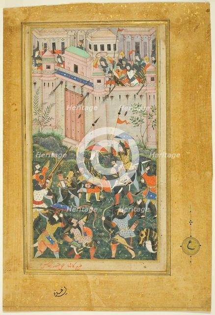 Kichik Beg Wounded during Babur's Attack on Qalat, from a copy of the Baburnama..., c. 1590. Creator: Kanha.