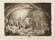 Killing Seals in a Cavern by Torchlight (recto); Sketch of Hunters and Board (verso), n.d. Creator: Samuel Howitt