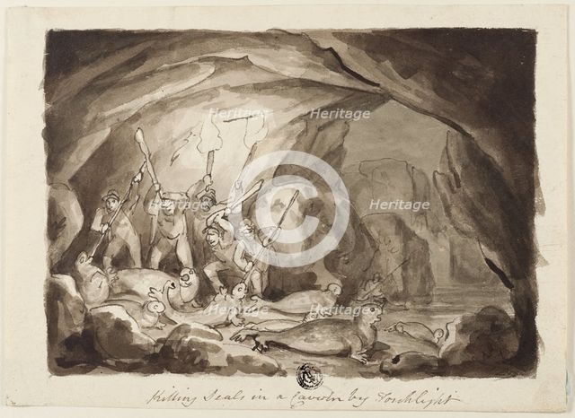 Killing Seals in a Cavern by Torchlight (recto); Sketch of Hunters and Board (verso), n.d. Creator: Samuel Howitt.