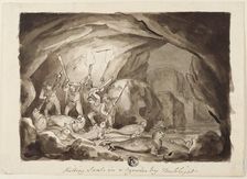 Killing Seals in a Cavern by Torchlight (recto); Sketch of Hunters and Board (verso), n.d. Creator: Samuel Howitt