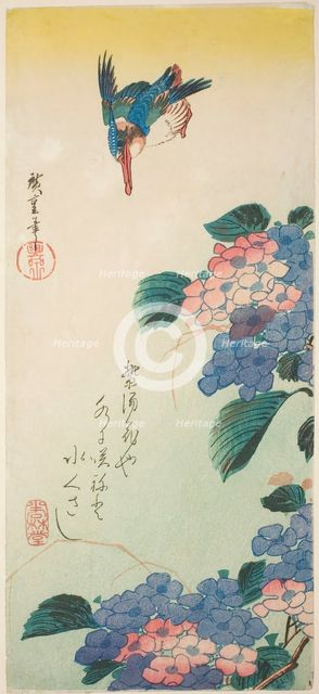 Kingfisher and hydrangea, 1830s. Creator: Ando Hiroshige.
