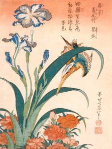 Kingfisher, Irises and Pinks, published c1834. Creator: Katsushika Hokusai (1760-1849)