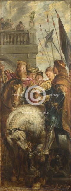 Kings Clothar and Dagobert dispute with a Herald from the Emperor Mauritius. Sketch for High Altarpiece, St Bavo, Ghent, 1611. Artist: Rubens, Pieter Paul (1577-1640)