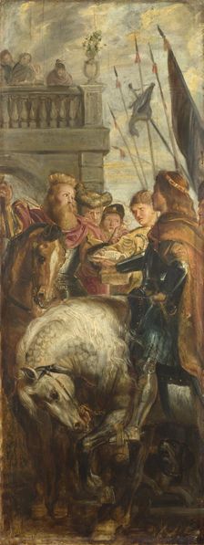 Kings Clothar and Dagobert dispute with a Herald from the Emperor Mauritius. Sketch for High Altarpiece, St Bavo, Ghent, 1611. Artist: Rubens, Pieter Paul (1577-1640)