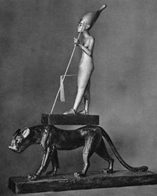 King Tutankhamen (c1341 BC-c1323 BC) on a black leopard, 1936