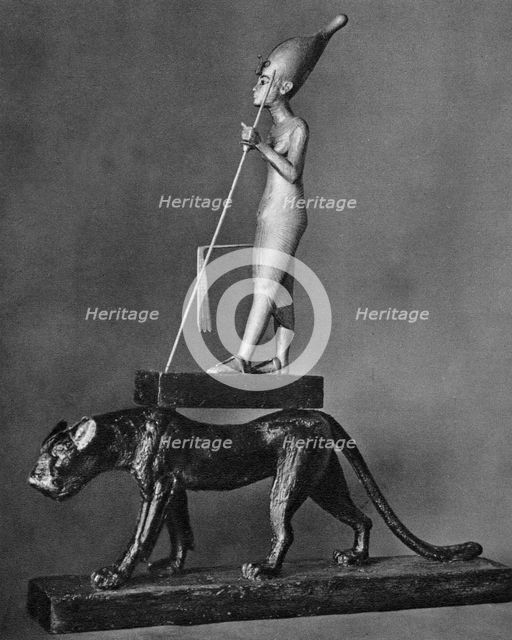 King Tutankhamen (c1341 BC-c1323 BC) on a black leopard, 1936. Artist: Unknown