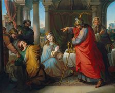 King Ahasuerus condemns Haman to death, 1835. Creator: Anton Petter