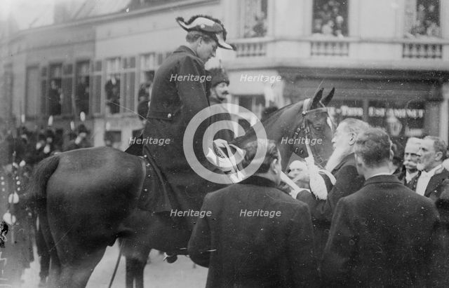 King Albert on horse at King Leopold's funeral, Belgium, 1910. Creator: Bain News Service.