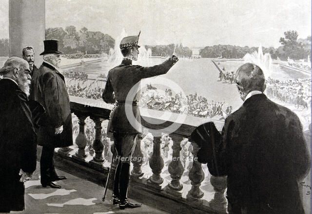 King Alfonso XIII of Spain (1886-1941) acclaimed in the gardens of Versailles, Paris (1905), engr…