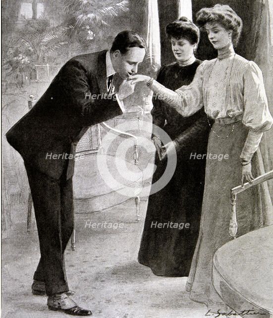 King Alfonso XIII of Spain (1886-1941) greet his fiancee Victoria Eugenia of Battenberg, engravin…