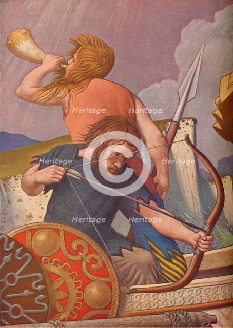 'King Alfred's long-ships defeat the Danes 877', 1925-1927. Artist: Colin Unwin Gill.