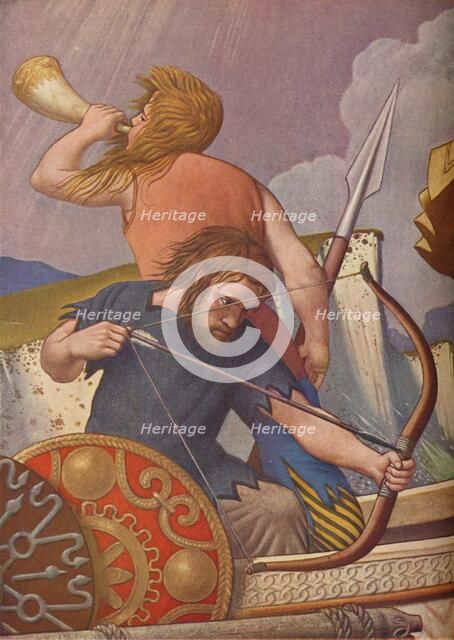 'King Alfred's long-ships defeat the Danes 877', 1925-1927. Artist: Colin Unwin Gill.