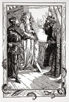 King Anguish gives Isolt to Sir Tristram 1905. Creator: Dora Curtis