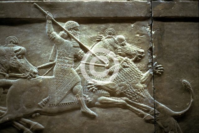 King Ashurnasirpal II during a royal lion hunt, 650-620 BC. Artist: Assyrian Art  
