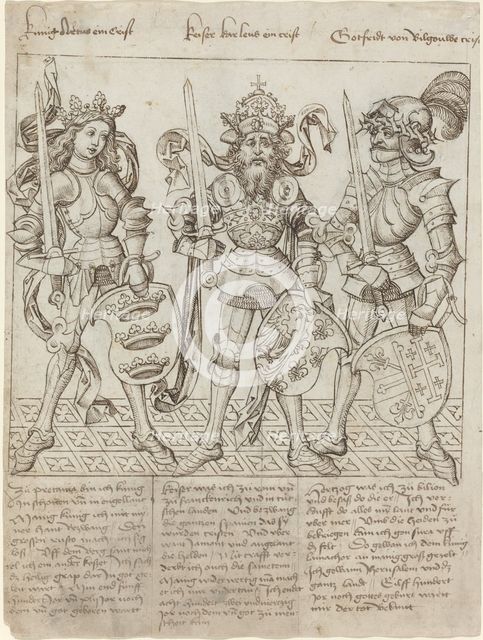 King Arthur, Charlemagne and Godfrey of Boulogne, 1492. Creator: Master of the Strassburg Chronicle.