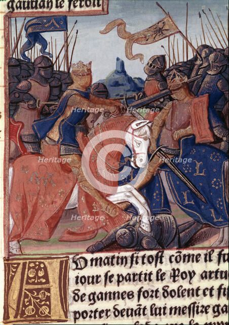 King Arthur and the Knights of the Round Table fighting the Saxons, miniature in the incunable 'L…