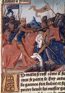 King Arthur and the Knights of the Round Table fighting the Saxons, miniature in the incunable L…