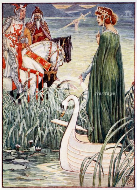 'King Arthur asks the Lady of the Lake for the sword Excalibur', 1911.  Creator: Unknown.