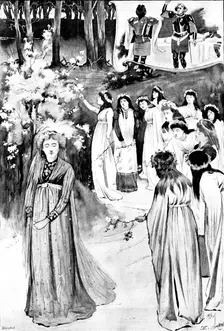 "King Arthur," at the Lyceum: the Queen's Maying in the Whitethorn Wood, 1895. Creator: George Meisenbach