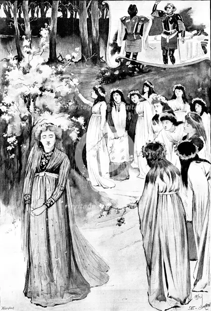 "King Arthur," at the Lyceum: the Queen's Maying in the Whitethorn Wood, 1895. Creator: George Meisenbach.