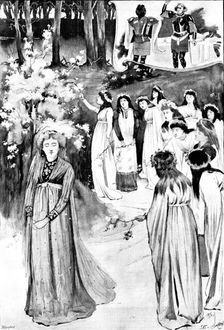 "King Arthur," at the Lyceum: the Queen's Maying in the Whitethorn Wood, 1895. Creator: George Meisenbach