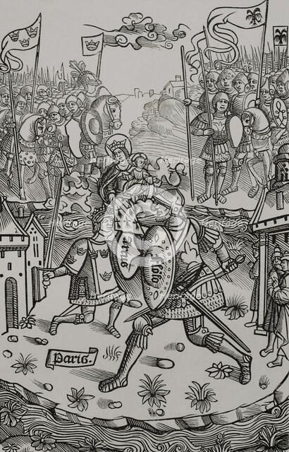 King Arthur fighting the giant, under the protection of the Virgin. 1514, (1877). Creator: Unknown.