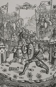 King Arthur fighting the giant, under the protection of the Virgin. 1514, (1877). Creator: Unknown