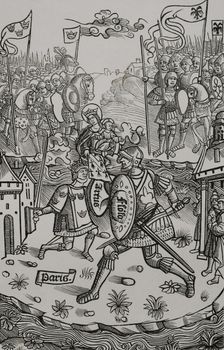 King Arthur fighting the giant, under the protection of the Virgin. 1514, (1877). Creator: Unknown